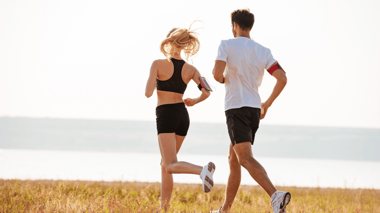 woman and man running