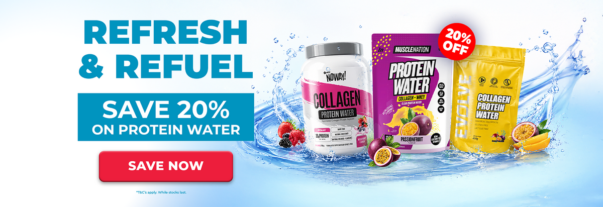 Promotional banner for protein water products with large text reading 'REFRESH & REFUEL' and 'SAVE 20% ON PROTEIN WATER,' plus three product containers: a white tub labeled Tinev! Collagen, a purple bag labeled Protein Water, and a yellow pouch labeled Collagen Protein Water, set against a blue water-splash background with fruit illustrations and a red '20% OFF' badge.