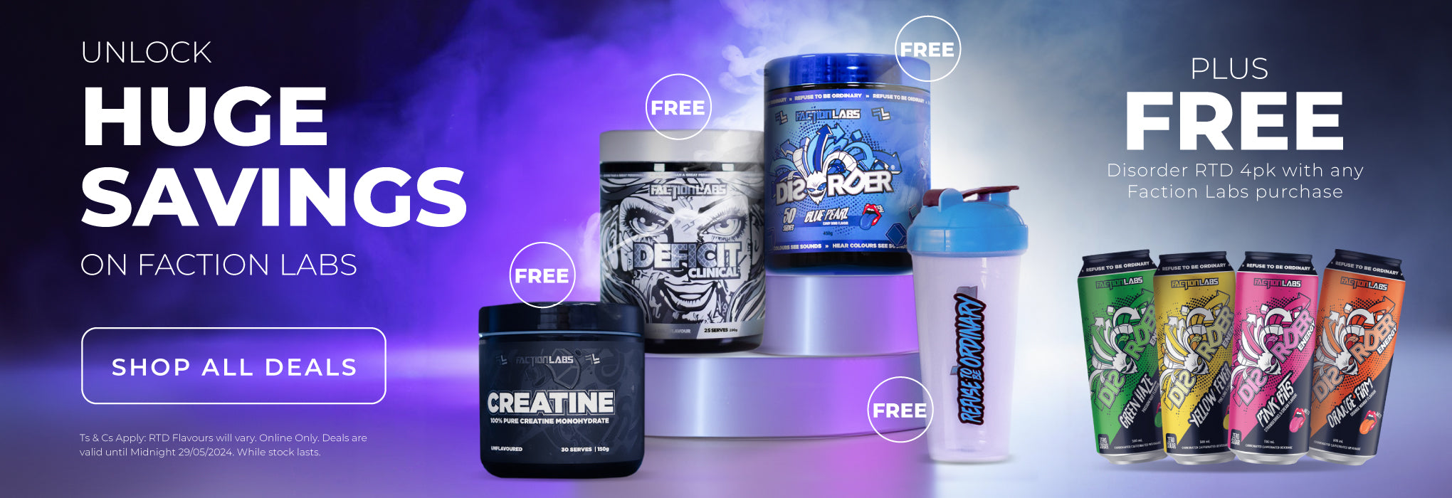 Unlock HUGE Savings on Faction Labs + FREE Disorder RTD 4 pack with any Faction Labs purchase