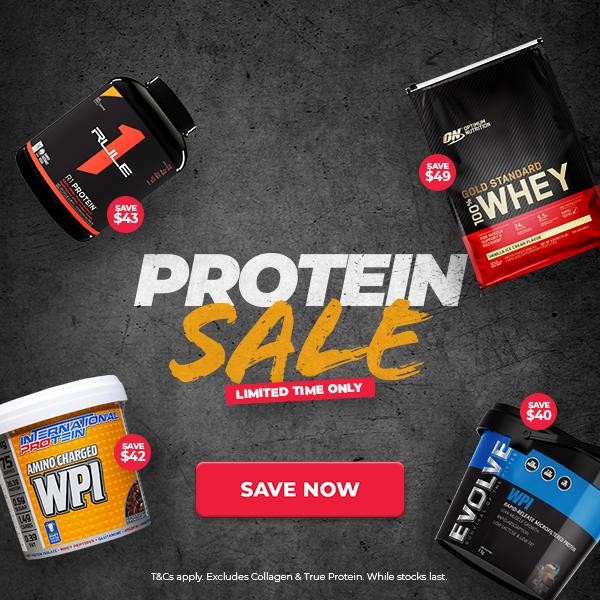 Promotional graphic for a protein powder sale showing four supplement containers arranged around large text reading 'PROTEIN SALE' with 'LIMITED TIME ONLY' and a red 'SAVE NOW' button. Products include Optimum Nutrition Gold Standard Whey, Infuseam WPI Amino Charged, and others.