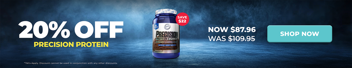 A promotional banner for Precision Protein featuring a bottle of Whey Protein Isolate Chocolate flavor. The image includes a '20% OFF' discount offer, the original price of $87.
