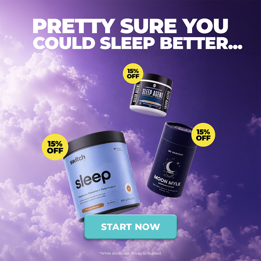 Promotional graphic with three sleep supplement containers floating against a purple sky with clouds: a large light blue Switch Sleep container, a smaller dark blue Moon Mylk container, and a black Sleep Agent container. Yellow callouts say 15% OFF, with a teal START NOW button below and small text at the bottom.