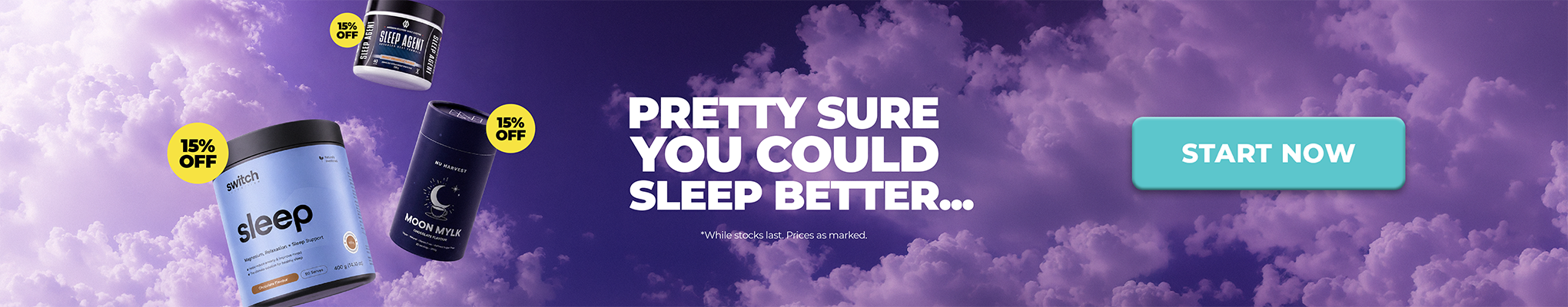 Promotional banner for sleep products featuring two supplement containers on a purple cloudy sky background with the text 'PRETTY SURE YOU COULD SLEEP BETTER.