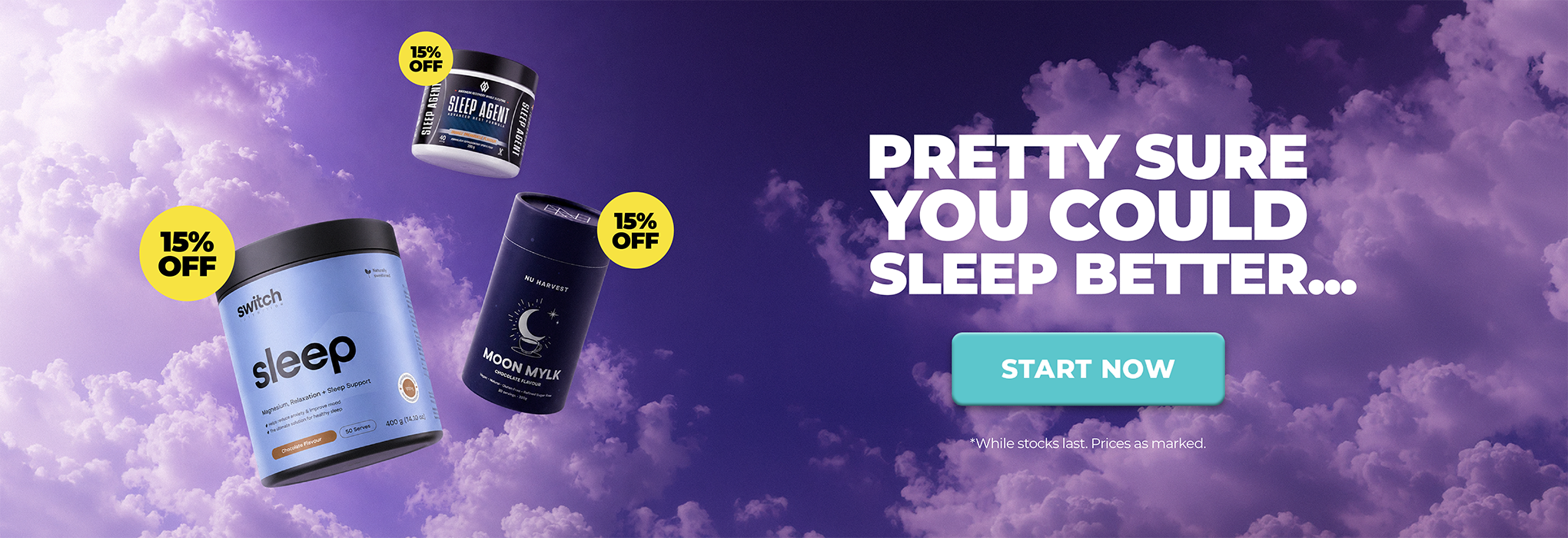 Promotional banner for sleep supplements showing three product containers floating against a purple cloudy sky background, with large text reading 'PRETTY SURE YOU COULD SLEEP BETTER.