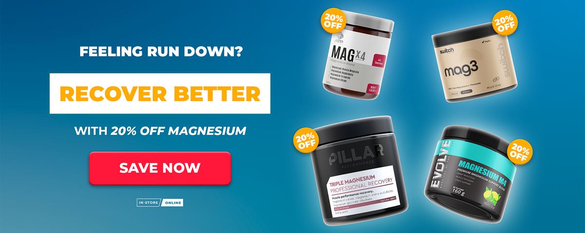 Promotional graphic for magnesium supplements on a blue gradient background. Text reads 'FEELING RUN DOWN? RECOVER BETTER WITH 20% OFF MAGNESIUM' with a red 'SAVE NOW' button.