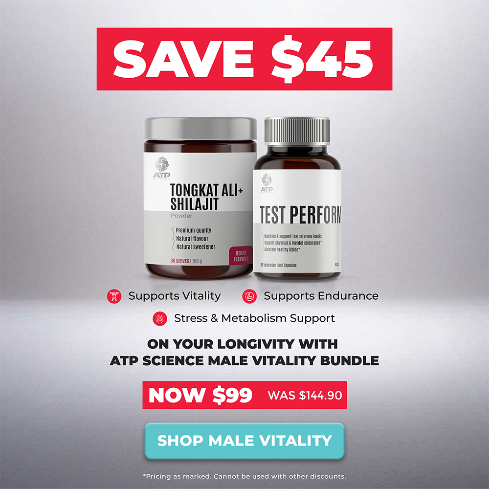 Promotional graphic for ATP Science Male Vitality Bundle featuring two supplement bottles: Tongkat Ali-Shilajit and Test Perform, with a large red banner reading SAVE $45 and pricing text showing $99 instead of $144.90.