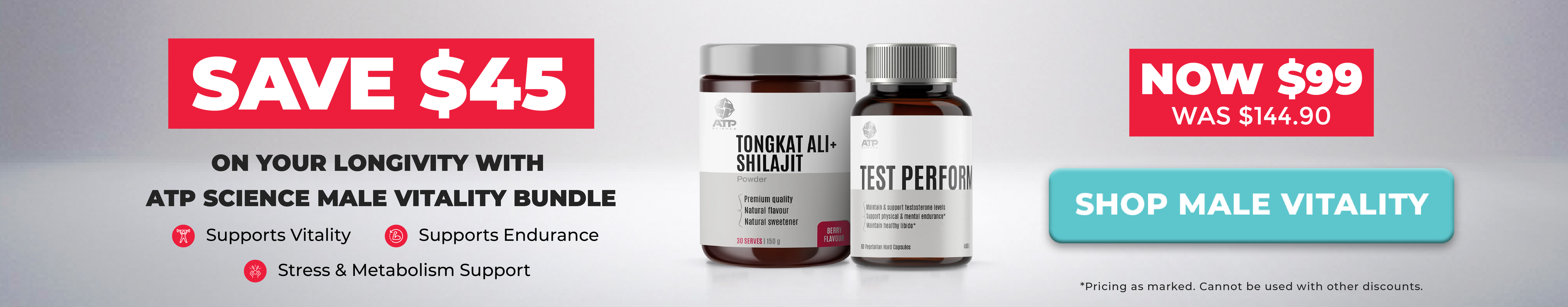 Promotional banner for the 'Testosterone Male Vitality Bundle' showing two supplement bottles (one labeled 'TOMAHAWK' and one labeled 'TEST PERFECTION') with sale text overlays 'SAVE $45' and 'NOW $99'.