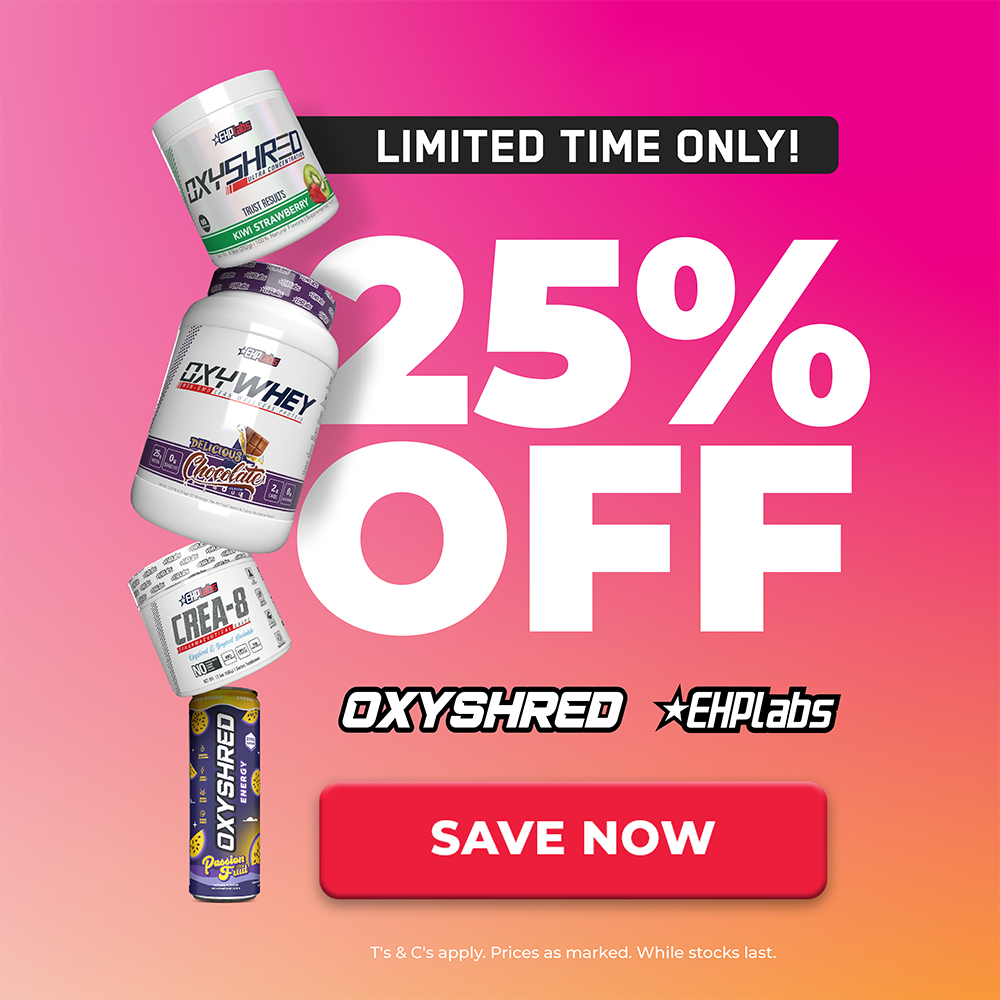 Promotional graphic for OxyShred and EH Labs supplements showing four product tubs floating on a pink-to-orange gradient background with large text reading '25% OFF' and 'LIMITED TIME ONLY! SAVE NOW'.