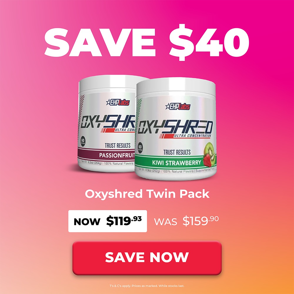 Promotional graphic for an Oxyshred Twin Pack showing two white supplement tubs on a pink-to-orange gradient background with large sale text 'SAVE $40' and a red 'SAVE NOW' button.