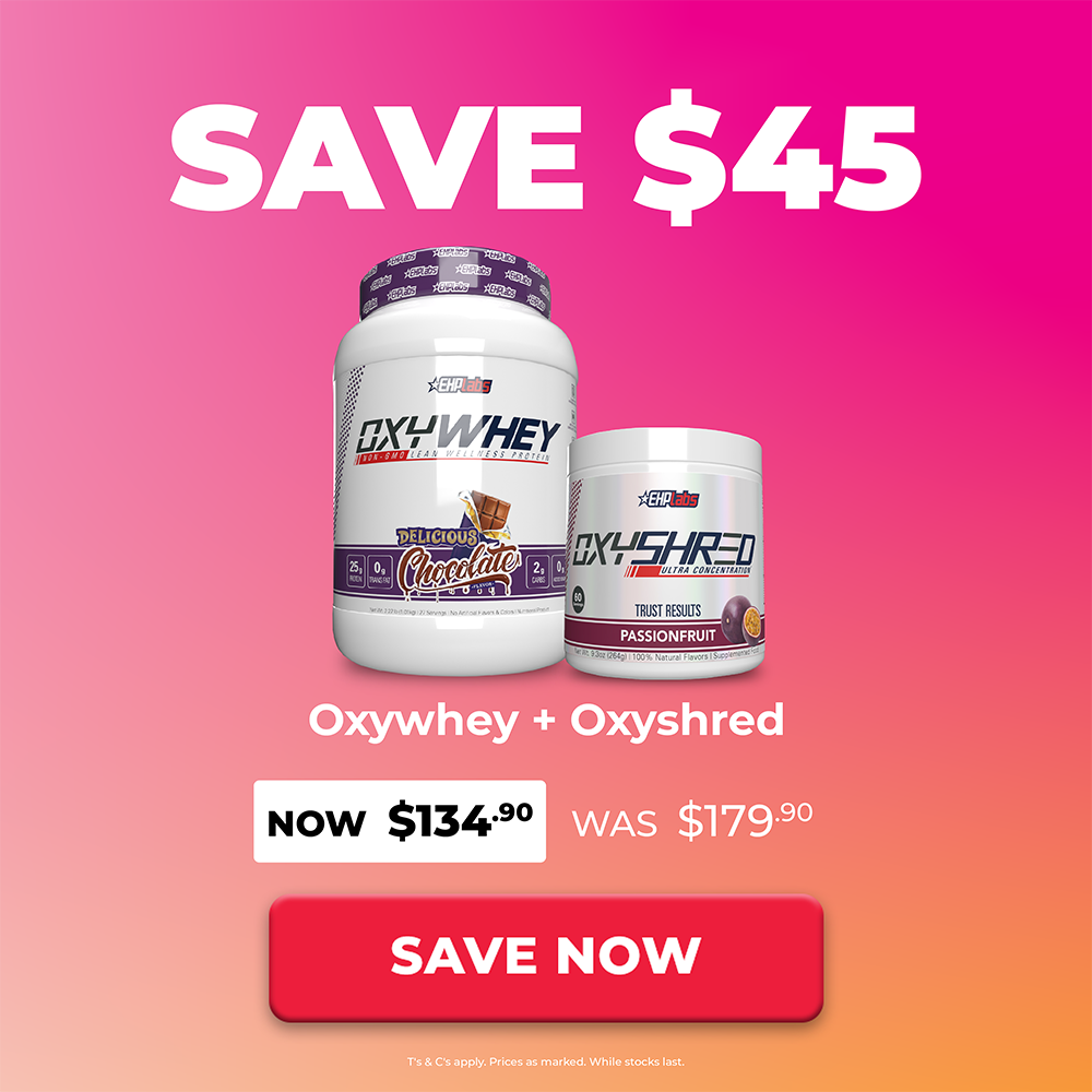 Promotional graphic showing two supplement containers on a pink-to-orange gradient background: a large white tub labeled Oxywhey Chocolate Flavour and a smaller white tub labeled Oxyshred Passionfruit Flavour. Large text reads 'SAVE $45' at the top and 'SAVE NOW' at the bottom, with pricing details below the products.