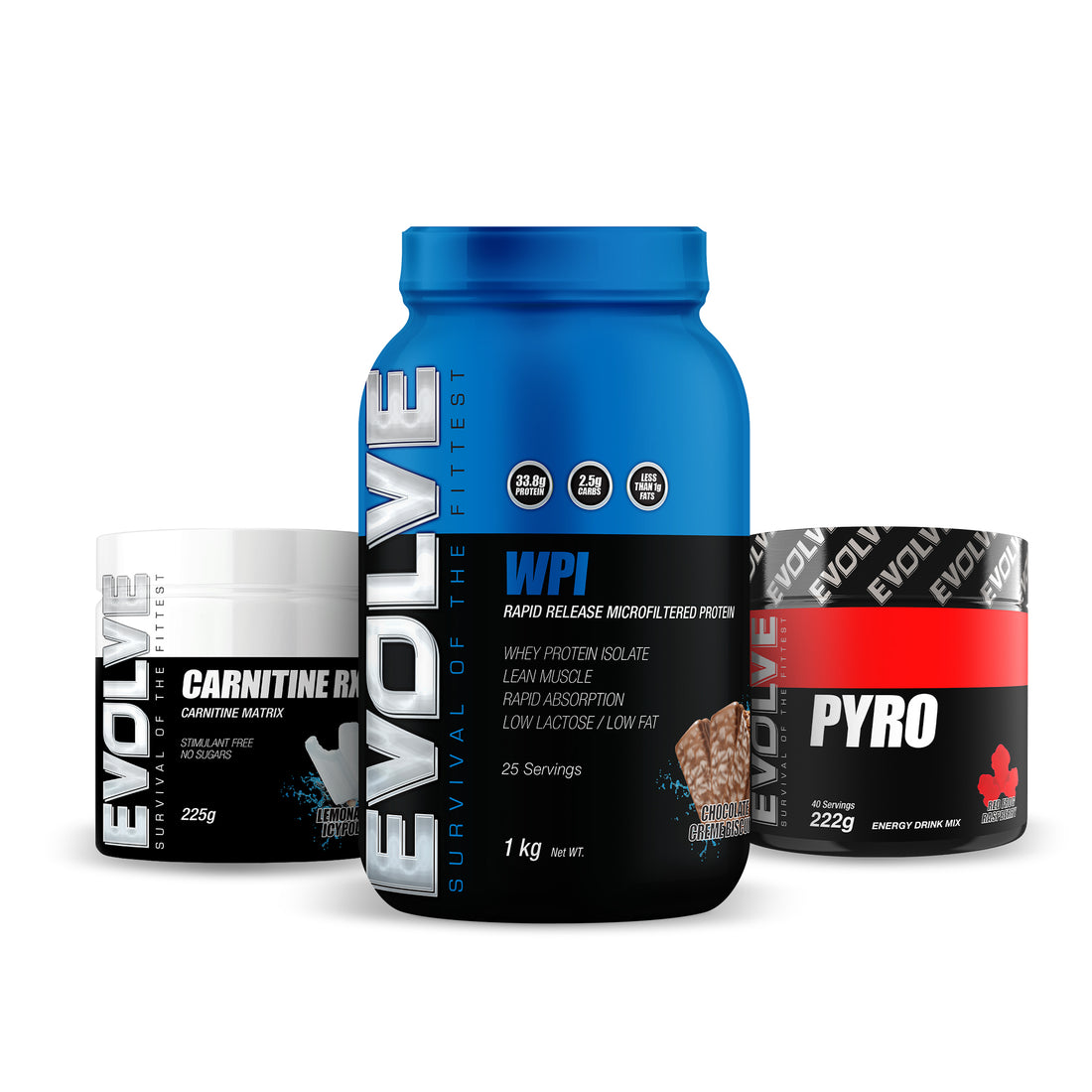 Evolve Nutrition supplement favourites pack featuring Evolve WPI protein powder, Evolve Pyro pre workout and Evolve Carnitine RX products.