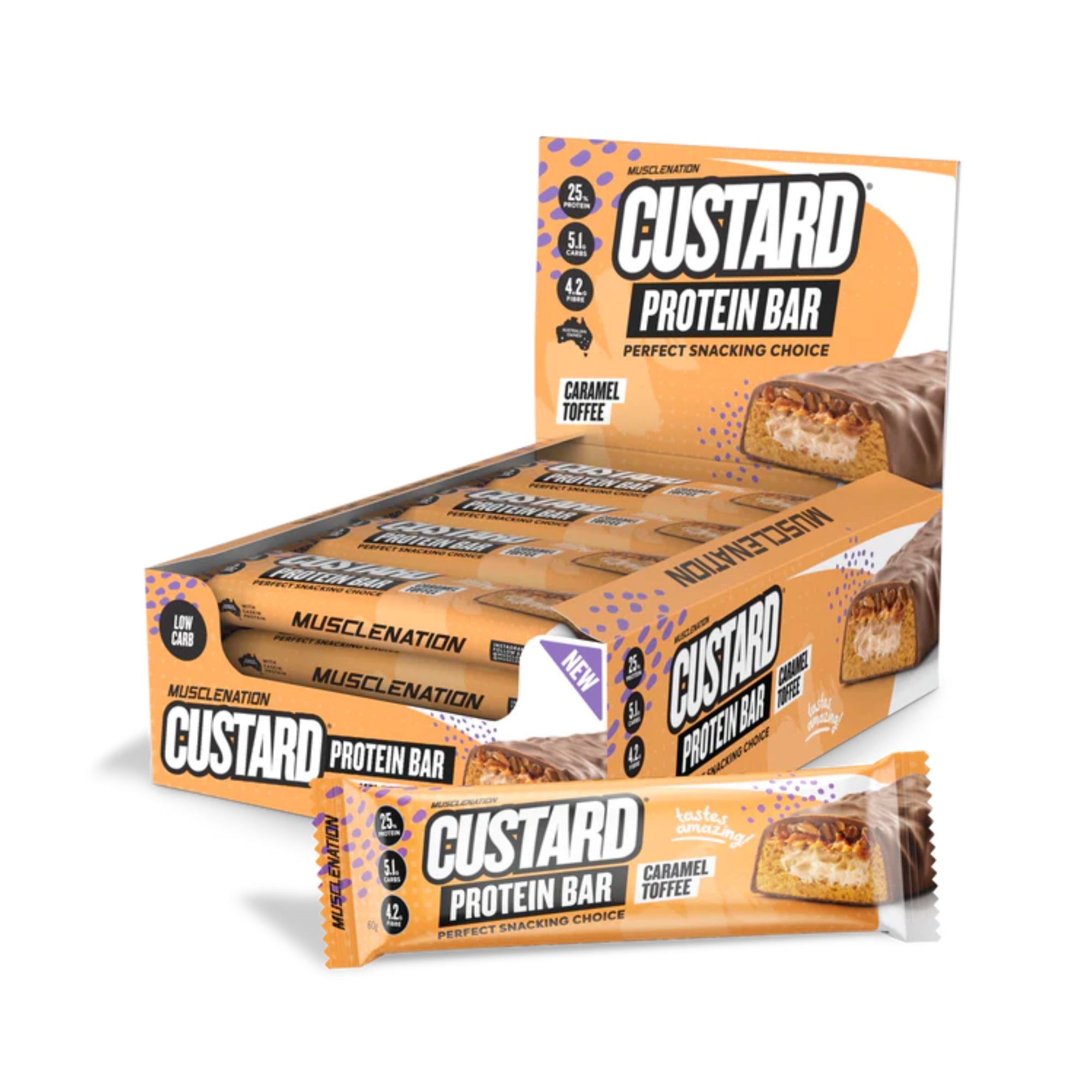 Muscle Nation Custard Protein Bar - Box of 12 Caramel Toffee
