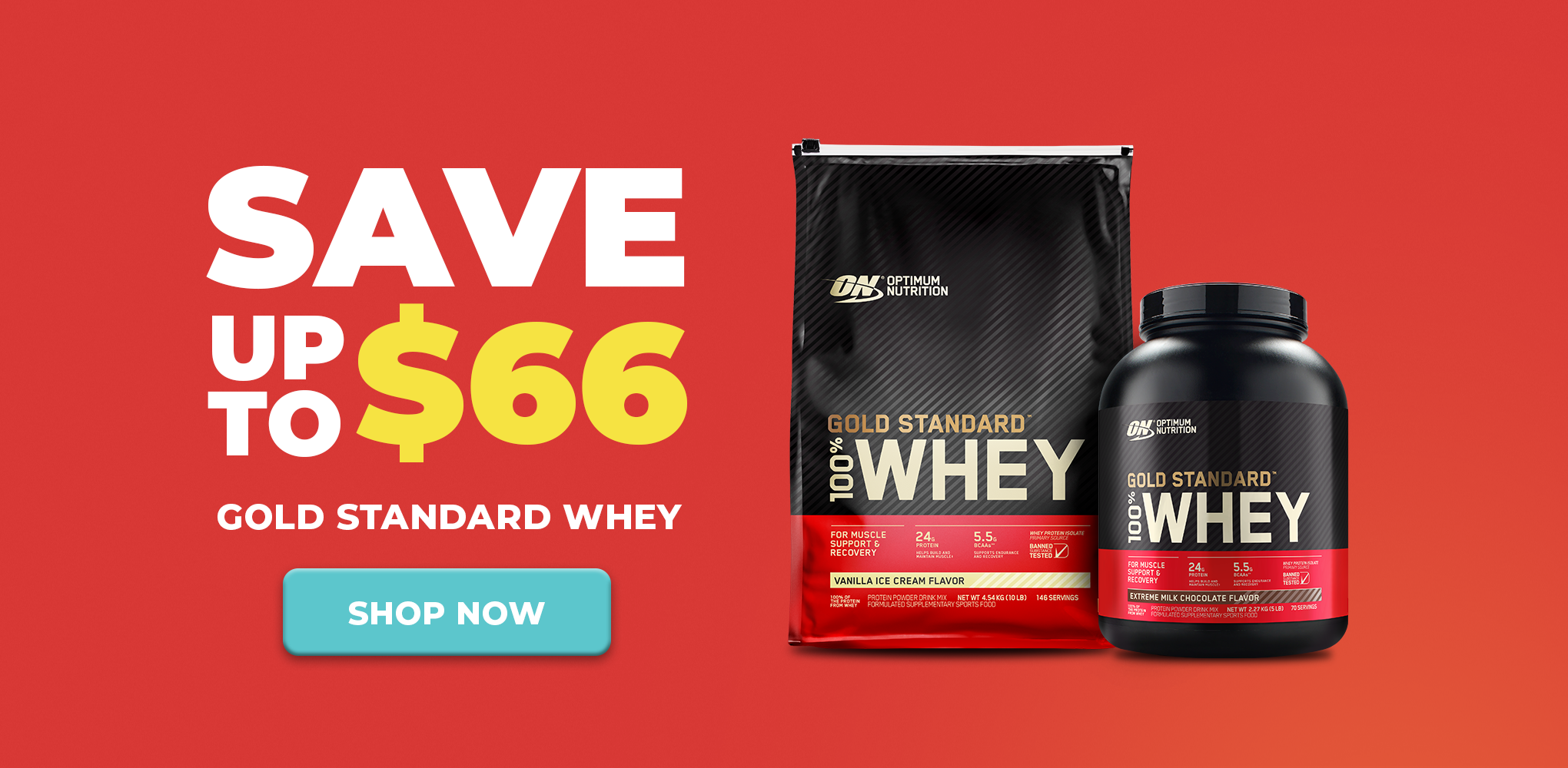 Optimum Nutrition Gold Standard Whey protein packaging on a red background with promotional text.