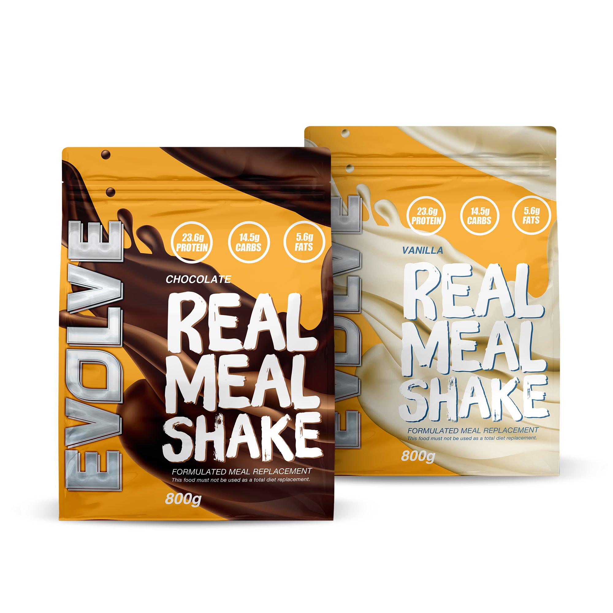 Evolve Nutrition meal replacement shake in Chocolate and Vanilla. 