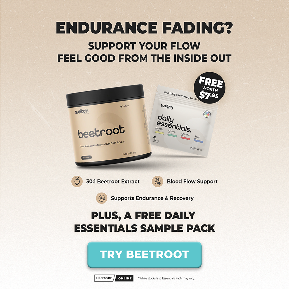 Promotional graphic for Beetroot by Bulitch, showing a beige tub of Beetroot and a white Daily Essentials sample pack on a light beige background with text about endurance and recovery, plus a teal 'TRY BEETROOT' button and a free weekly $7.95 offer badge.