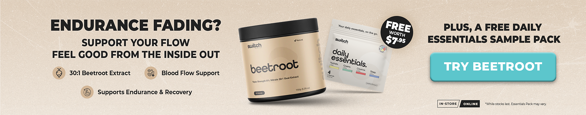 A promotional banner for Beetroot Blood Flow Support, showing a black and beige supplement jar, two white sachets, and a blue 'TRY BEETROOT' button on a beige background with text about endurance and a free daily essentials sample pack.
