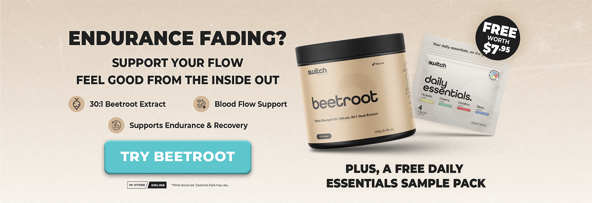 Promotional banner for Beetroot supplement and a free daily essentials sample pack. The main product shown is a beige tub labeled 'beetroot' with a black lid, alongside a white packet labeled 'daily essentials'.