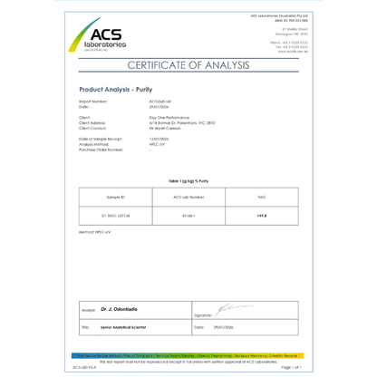 A Certificate of Analysis document from ACS Laboratories, featuring a clean white layout with black text, a green and yellow logo, and a table detailing product analysis for &