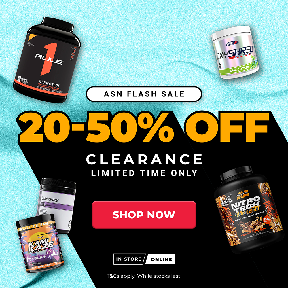 Promotional sale graphic for an ASN flash sale and 20-50% off clearance, featuring several protein powder containers on a light blue textured background with a black central panel, a red 'SHOP NOW' button, and text stating 'ASN FLASH SALE', '20-50% OFF', and 'CLEARANCE LIMITED TIME ONLY'.