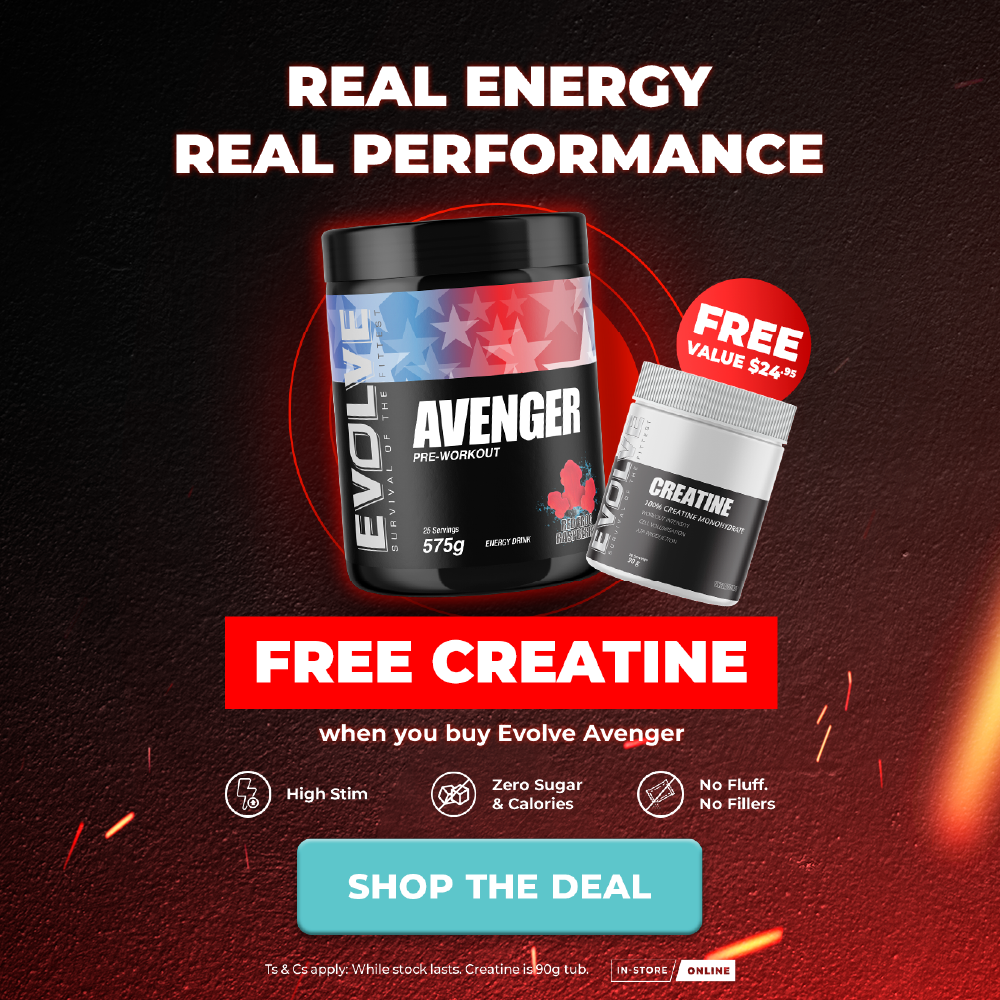 FREE Creatine when you buy any Evolve Avenger Pre Workout