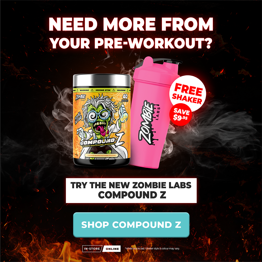 Promotional graphic for Zombie Labs Compound Z pre-workout, showing a black tub with a zombie illustration next to a pink shaker bottle, with text offering a free shaker and a 'Shop Compound Z' button on a dark fiery background.